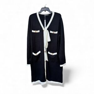 Black and White Knit Dress Cardigan Old Money Style Pockets Lion Buttons XL